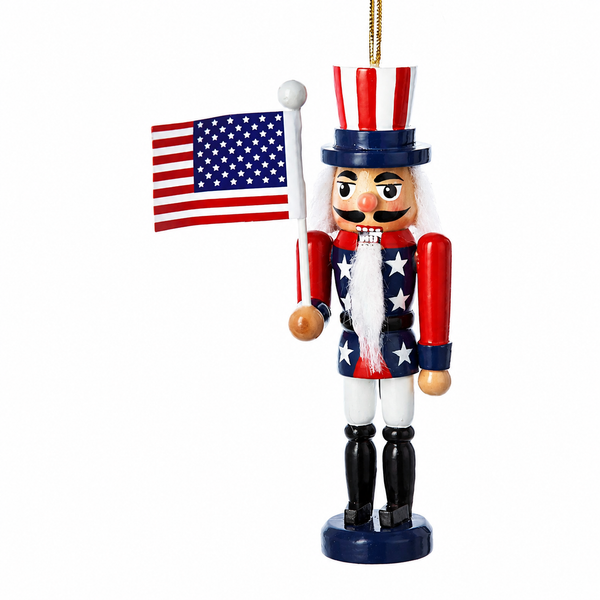 Patriotic nutcracker ornament holding an American flag and wearing a stars-and-stripes uniform.
Wood ornament with red, white, and blue top hat, white beard, and classic nutcracker styling.
5-inch Kurt Adler American flag nutcracker ornament for patriotic holiday displays.