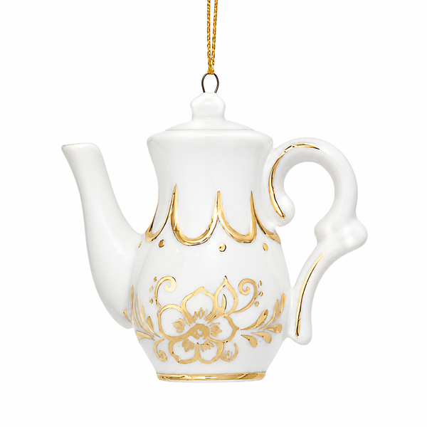 White and gold teapot ornament with ornate floral detailing.
Porcelain teapot Christmas ornament with curved handle, spout, and lid.
3-inch Kurt Adler hanging ornament for tea lover and kitchen holiday décor.