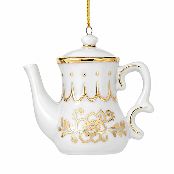 White Arabian-style teapot ornament with gold floral accents and decorative lid.
Porcelain Christmas ornament featuring a curved spout and ornate gold detailing.
3-inch Kurt Adler hanging ornament for tea lover and elegant holiday décor.