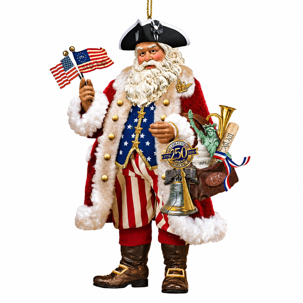 250th Anniversary 1776 American Santa Christmas ornament.
Resin patriotic Santa ornament with multicolor America 250th design.
5.25-inch Kurt Adler hanging ornament for Americana holiday décor.