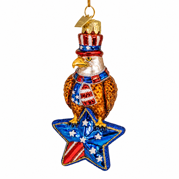 Glass American eagle ornament with detailed wings and patriotic styling.
Kurt Adler Noble Gems ornament with shimmering paint and mica accents.
4.5-inch hanging eagle ornament for Americana and patriotic holiday décor.