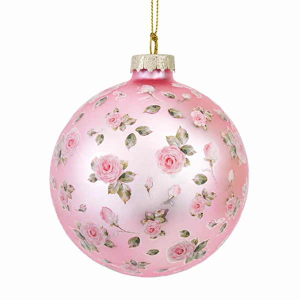 Pink glass ball ornament with rose floral pattern and green leaf details.
Kurt Adler 80MM floral Christmas ornament with pale pink finish and white cap.
Glass ornament with painted roses, buds, leaves, and gold hanging cord.