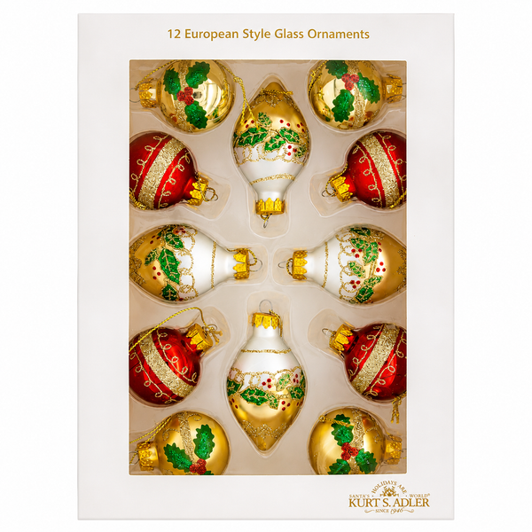 Kurt Adler 12-piece glass ornament box with gold, green, red, and ivory designs.
Small ball and finial ornaments with holly leaves, berries, glitter, and gold detailing.
35MM glass Christmas ornaments displayed with gold hanging cords and caps.