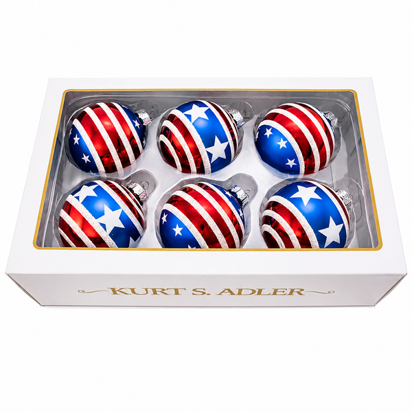 Red, white, and blue glass ball ornament set in a Kurt Adler 6-piece gift box.
Patriotic stars-and-stripes design with reflective glass finish and silver ornament caps.
80MM glass Christmas ornaments featuring Americana-inspired colors and patterns.