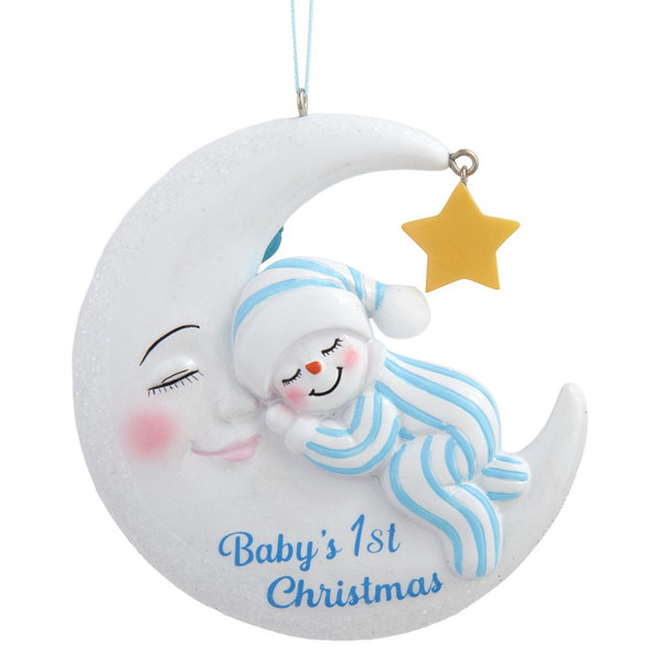 Baby’s 1st Christmas resin ornament with snowboy sleeping on crescent moon.
Kurt Adler 4-inch personalized ornament with blue lettering and dangling yellow star.
White moon ornament with blue-striped snowboy and soft nursery-style details.
