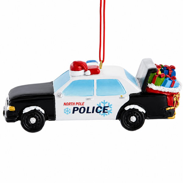 Resin North Pole police car ornament with black-and-white patrol car design.
Christmas police car ornament with Santa hat, snowflakes, and gift-filled trunk.
3.3-inch Kurt Adler police car ornament hanging from a red cord.