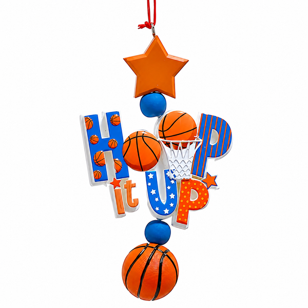 Resin basketball ornament with colorful “Hoop It Up” lettering and orange star topper.
5-inch Kurt Adler basketball ornament with hoop, net, and basketball details.
Sports-themed Christmas ornament hanging from a red cord.