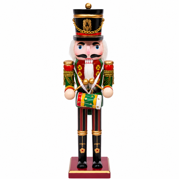 Kurt Adler drummer nutcracker with green coat, black hat, white hair, and small front drum.
Side view of wooden drummer nutcracker showing red base, gold trim, striped legs, and drumsticks.
Front view of 11.8 inch drummer nutcracker with black boots, tall hat, painted face, and hanging drum.