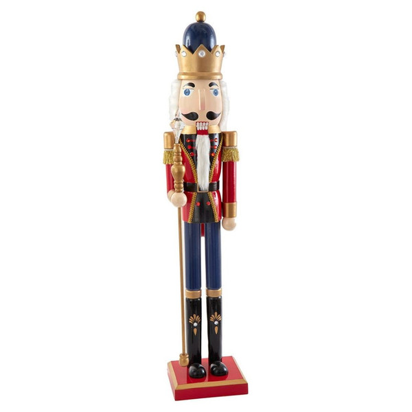 36-inch red and blue king nutcracker with gold crown, staff, white beard, and red base.
Side view of Kurt Adler king nutcracker showing red jacket, blue pants, black boots, and gold trim.
Back view of tall king nutcracker with white hair, red coat, staff, and square display base.