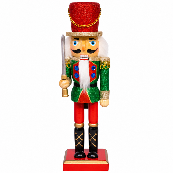10-inch green nutcracker with red glittered hat, silver-tone sword, red pants, and red base.
Side view of Kurt Adler Green Nutcracker showing white hair, glittered jacket, black boots, and sword.
Back view of green and red nutcracker with white faux hair, red glitter hat, and gold-trimmed base.