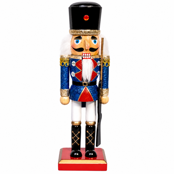 10-inch blue nutcracker with glittered jacket, black hat, white pants, black boots, and red base.
Side view of Kurt Adler Blue Nutcracker showing white hair, decorative rifle-style accessory, and gold trim.
Back view of blue nutcracker with tall black hat, white faux hair, blue jacket, and red display base.