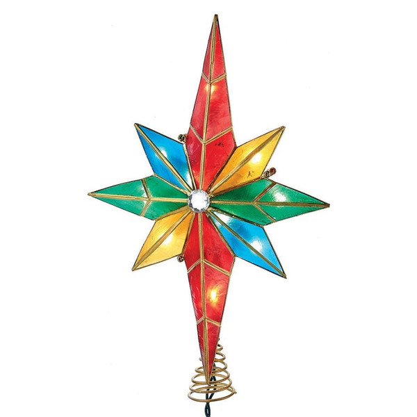 Multicolored Bethlehem star Christmas tree topper with gem center.
12 inch Kurt Adler Capiz star treetop with 10 clear lights.
Lighted indoor star treetop with colorful Capiz shell accents.