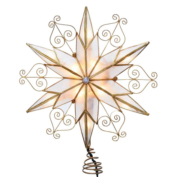 6-point Capiz star Christmas tree topper with scroll design.
9 inch Kurt Adler star treetop with 10 UL-listed lights.
Lighted Capiz shell star treetop with graceful scrollwork detail.