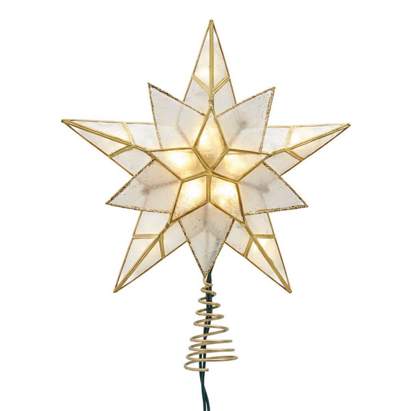 Gold glittered 5-point Capiz star Christmas tree topper.
9.84 inch Kurt Adler lighted star treetop with 10 clear lights.
Traditional gold Capiz star treetop with shimmering glitter finish.