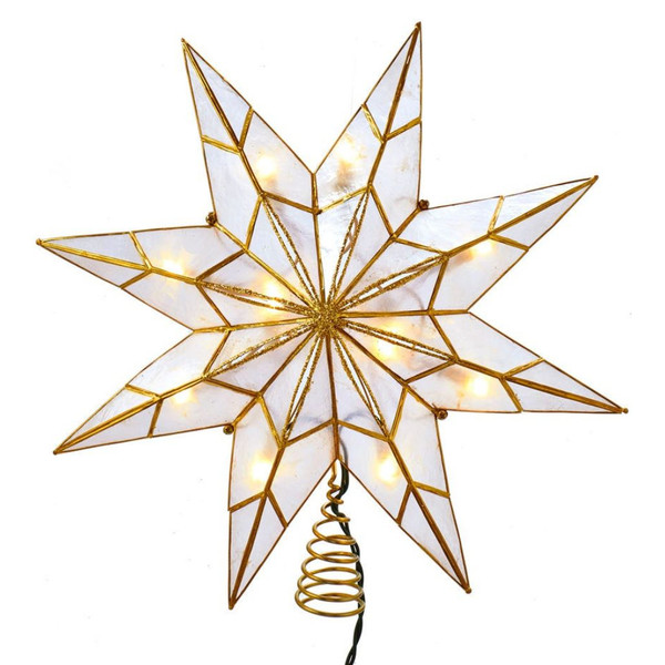 Gold 8-point Capiz star Christmas tree topper with lighted design.
14 inch Kurt Adler Capiz star treetop with 10 UL-listed lights.
Lighted gold star treetop for medium to large indoor Christmas trees.