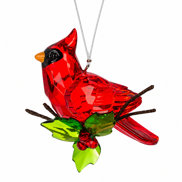 Red acrylic cardinal ornament perched on branch accents with holly leaves and berries.
Faceted cardinal Christmas ornament with black face detail and orange beak.
Acrylic holly berry cardinal ornament, 3" W x 3" L.