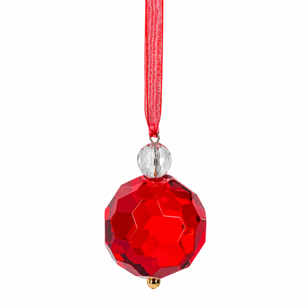 Red faceted acrylic bauble ornament hanging from a red ribbon.
Small red crystal-look Christmas ornament with clear bead accent.
Acrylic red bauble ornament, 1 1/2" W x 2" L.