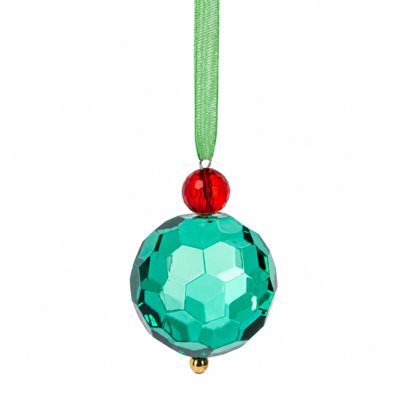 Green faceted acrylic bauble ornament hanging from a green ribbon.
Small green crystal-look Christmas ornament with red bead accent.
Acrylic green bauble ornament, 1 1/2" W x 2" L.