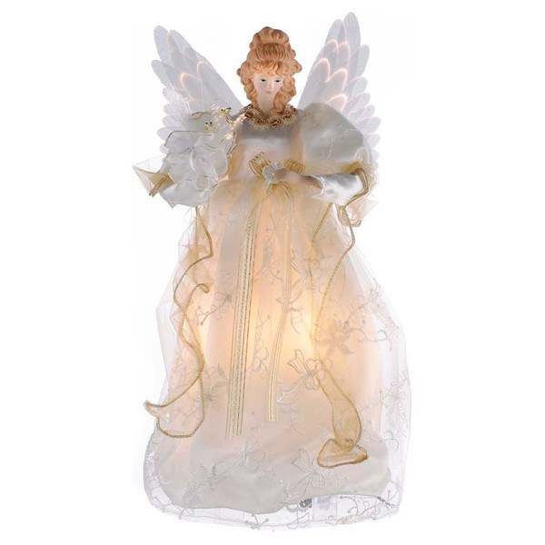 Ivory and gold animated angel Christmas tree topper with fiber-optic lighting.
14 inch Kurt Adler angel treetop with warm white LED lights and gold accents.
Lighted indoor angel treetop with flowing ivory fabric and green wire.