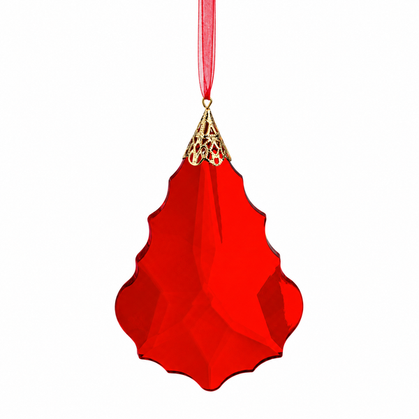 Red acrylic maple leaf ornament with faceted jewel-like surface.
Maple leaf Christmas ornament with gold-tone cap and red hanging ribbon.
Acrylic leaf ornament measuring 4 1/2 inches in diameter.