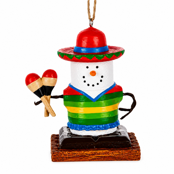 S'mores snowman ornament wearing a red sombrero and striped outfit.
Resin marshmallow snowman holding maracas on a graham cracker base.
Sombrero Christmas ornament measuring 2 5/8" W x 3" H.