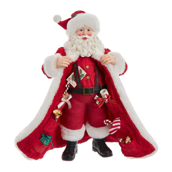 Fabriché Santa figure carrying gifts tucked into his pocket.
10.5 inch Kurt Adler Santa tabletop decoration with colorful details.
Resin Santa Christmas figure for mantels, shelves, or under-tree displays.