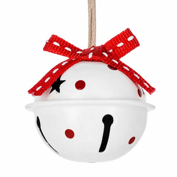 White bell-shaped Christmas ornament with red ribbon bow and red polka dot accents.
Scandinavian-inspired hanging bell ornament featuring black decorative details.
Small metal holiday ornament measuring approximately 1.5 x 1.25 inches.