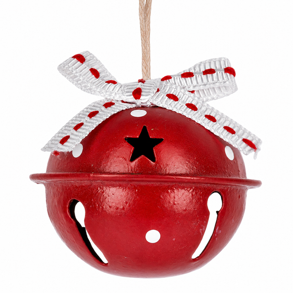 Red bell-shaped Christmas ornament with white ribbon bow and red stitching.
Scandinavian-style red hanging bell ornament with white dots and star cutouts.
Small metal holiday ornament measuring approximately 1.5 x 1.25 inches.