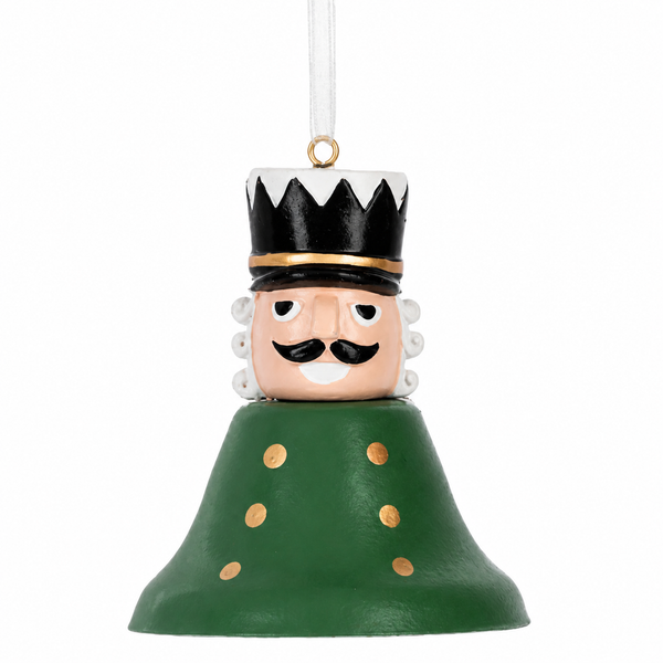 Green bell-shaped nutcracker ornament with black crown hat and gold accents.
Hanging Christmas ornament featuring a nutcracker face and green bell body.
Metal and resin nutcracker bell ornament measuring approximately 2.5 x 2.5 inches.