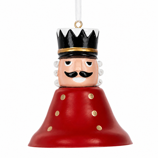 Red bell-shaped nutcracker ornament with black crown hat and gold accents.
Hanging Christmas ornament featuring a nutcracker face and red bell body.
Metal and resin nutcracker bell ornament measuring approximately 2.5 x 2.5 inches.