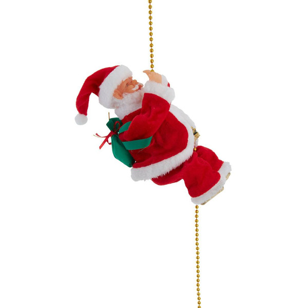 Battery-operated Santa decoration climbing a hanging chain.
Animated indoor Santa in red suit for trees, mantels, and doorways.
Polyester and plastic Santa climbing chain requiring 2 AA batteries.