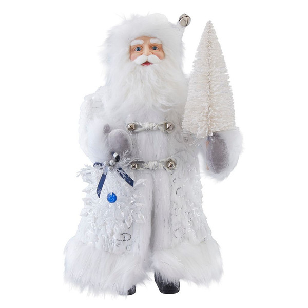 White and silver Santa figure holding a decorated Christmas tree.
18-inch KSA Kringles Santa made from polyester, plastic, and acrylic.
Elegant Santa tabletop decoration with sparkling accents for holiday displays.