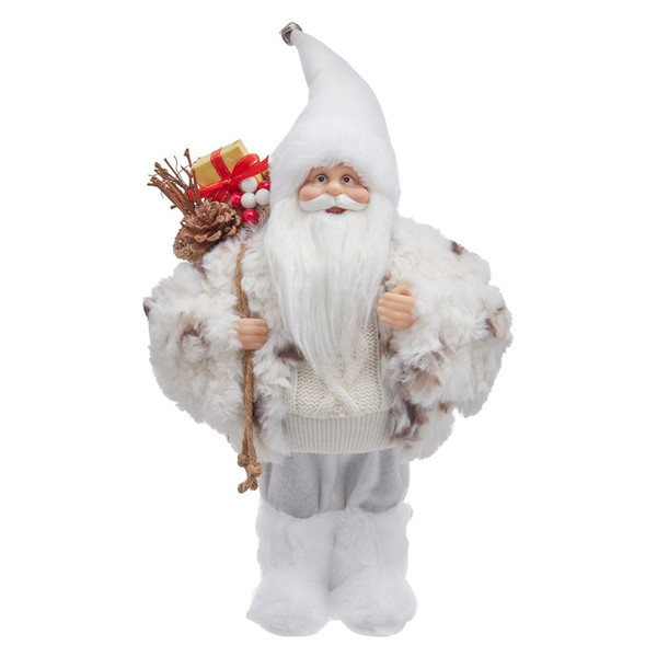 Standing white Santa table piece holding a decorative holiday sack.
12-inch Santa figure made from polyester, plastic, resin, and iron.
White Santa Christmas decoration for mantels, shelves, tabletops, and winter-themed displays.