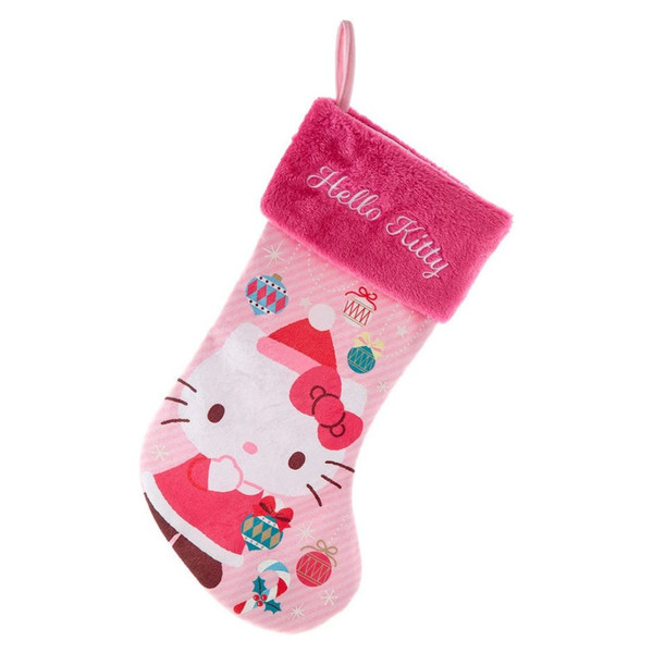Pink Hello Kitty Christmas stocking with plush cuff and holiday ornament details.
19-inch polyester stocking featuring Hello Kitty in a festive Santa outfit.
Pink holiday stocking with embroidered Hello Kitty cuff, snowflakes, and hanging loop.