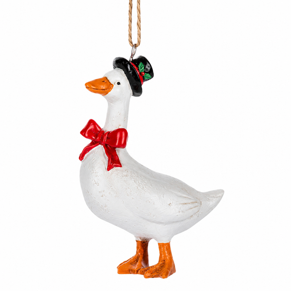 White goose Christmas ornament wearing a black hat with holly accent and red bow.
Resin cottage goose ornament with orange beak and feet hanging from a cord loop.
2.5 x 3.75 inch farmhouse-style goose ornament for Christmas tree decorating.