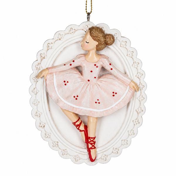 Nutcracker ballerina disk ornament in a pink dress with red shoes.
Resin ballerina ornament on an ornate white oval backing.
2 5/8 x 3 1/2 inch ballet-themed Christmas ornament.