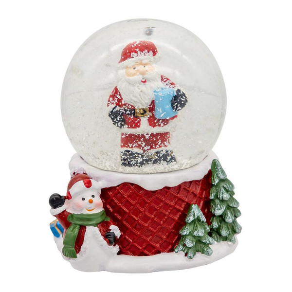Mini Santa water globe with Santa holding a blue mug inside swirling snow.
45MM resin and glass Christmas water globe with snowman and tree base.
Hot cocoa Santa mini snow globe with red cup-style base and winter details.