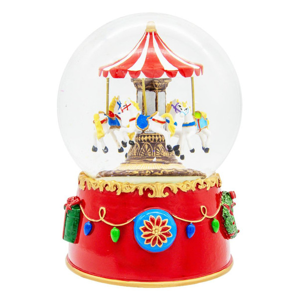 120MM musical carousel water globe with revolving carousel scene.
Wind-up Christmas water globe with swirling glitter and sculpted base.
Multicolor carousel snow globe playing “We Wish You A Merry Christmas.”