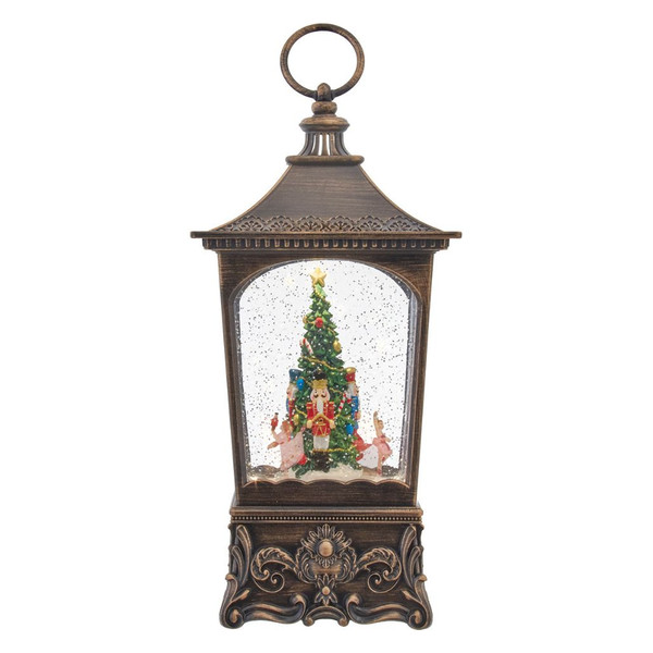 Lighted nutcracker Christmas lantern with decorated tree and swirling glitter.
11.3-inch multicolor lantern with warm white LED and battery or USB power.
Indoor tabletop holiday lantern featuring nutcracker, tree, and glitter water scene.