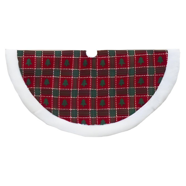 Red plaid mini Christmas tree skirt with green tree pattern and white trim.
20-inch polyester tree skirt designed for tabletop Christmas trees.
Kurt Adler mini tree skirt with center opening and faux-fur style border.