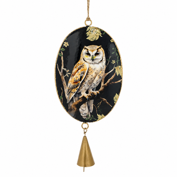 Metal disk ornament with owl artwork, floral details, and hanging cord.
Oval owl ornament showing a perched owl on branches against a dark background.
Floral Owl Disk Ornament in metal, measuring 3.5 x 7.5 inches with bell accent.