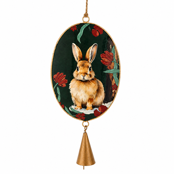 Oval metal ornament featuring a rabbit surrounded by red floral accents on a dark green background.
Woodland-inspired rabbit ornament with decorative hanging cord and bell accent.
Floral Rabbit Disk Ornament in metal, measuring 3.5 x 7.5 inches.