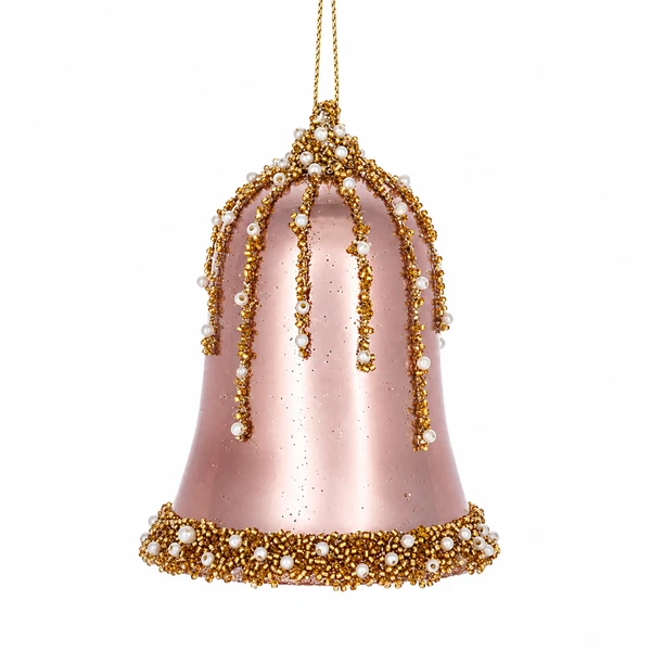 Pink glass bell ornament with gold beading and pearl-like accents.
Beaded bell Christmas ornament with hanging cord and glittered pink finish.
Glass Beaded Pink Bell Ornament measuring 3.25 x 4.25 inches.