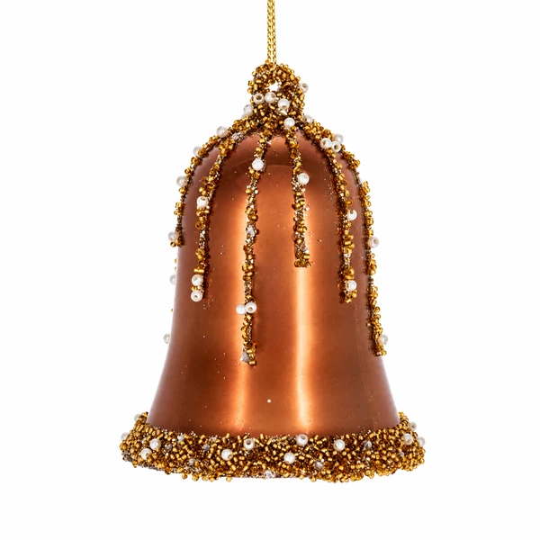 Copper glass bell ornament with gold beading and pearl-like accents.
Beaded bell Christmas ornament with metallic copper finish and hanging cord.
Glass Beaded Copper Bell Ornament measuring 3.25 x 4.25 inches.