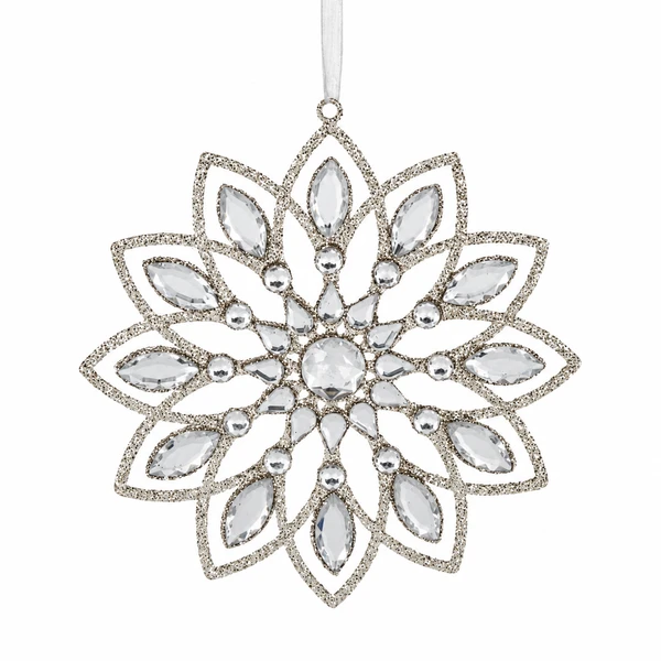 Crystal petal snowflake ornament with clear faceted accents and glittery gold-toned outline.
Plastic snowflake ornament shown hanging from a sheer ribbon.
Large petal-style snowflake ornament measuring 6 1/8 x 6 5/8 inches.