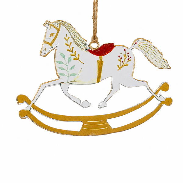 Vintage metal rocking horse ornament with white body, gold trim, red saddle, and floral details.
Large rocking horse Christmas ornament hanging from a twine cord.
Metal rocking horse ornament measuring 6.5 x 4.5 inches.