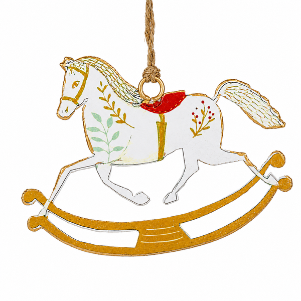 Vintage small rocking horse ornament made of metal with white finish and gold trim.
Christmas rocking horse ornament featuring a red saddle and painted botanical accents.
Metal rocking horse ornament measuring 3 x 4 inches with twine hanging loop.