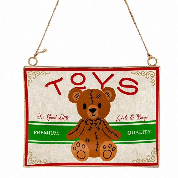 Retro toy bear sign ornament with red and green vintage styling.
Metal Christmas sign featuring teddy bear artwork and hanging cord.
Toy-shop themed ornament measuring 5.25 x 4.5 inches.