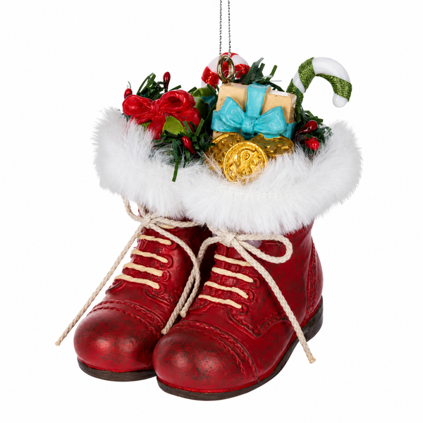 Red boot Christmas ornament with white trim and cream laces.
Resin ornament filled with greenery, wrapped gifts, gold coins, berries, and candy canes.
3 x 2.5 inch holiday boot ornament with hanging cord.