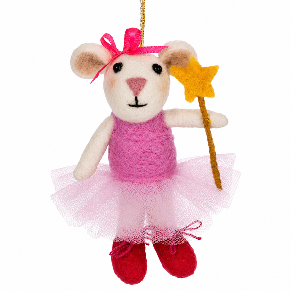 Wool mouse Christmas ornament wearing a pink tutu and red shoes.
Felt mouse ornament with pink bow and gold star wand.
5 x 3.5 inch Sugarplum Mouse ornament with hanging cord.